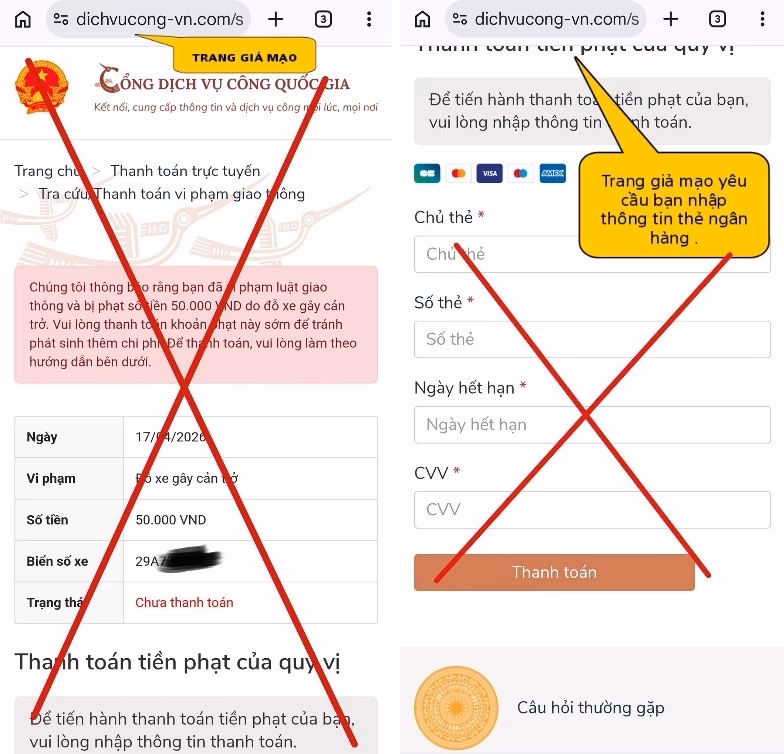 Giao diện website giả mạo được thiết kế tinh vi, gần như tương đồng với Cổng dịch vụ công Quốc gia - Ảnh: Công an TP. Hà Nội