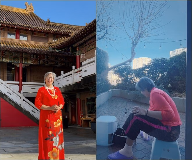 Diễm Hương chăm chút diện mạo cho mẹ ruột và được bà để ý chăm sóc từ những điều nhỏ nhất trong cuộc sống.