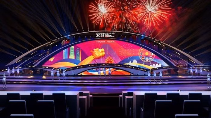 Thiết kế sân khấu DIFF 2026 hứa hẹn tạo nên những đại cảnh bùng nổ bên bờ sông Hàn. (Ảnh: Ban tổ chức DIFF 2026)